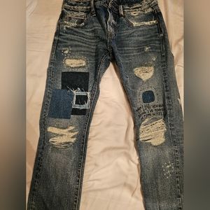 Cult of Individuality distressed slim rocker jeans. Japanese Seldevege denim.
